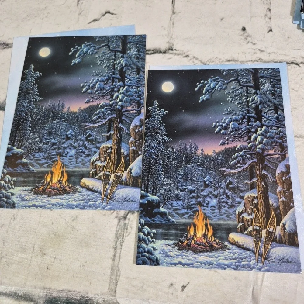 Leanin Tree Christmas Cards Snowy Forest Cabin Northern Lights Lot Of 6